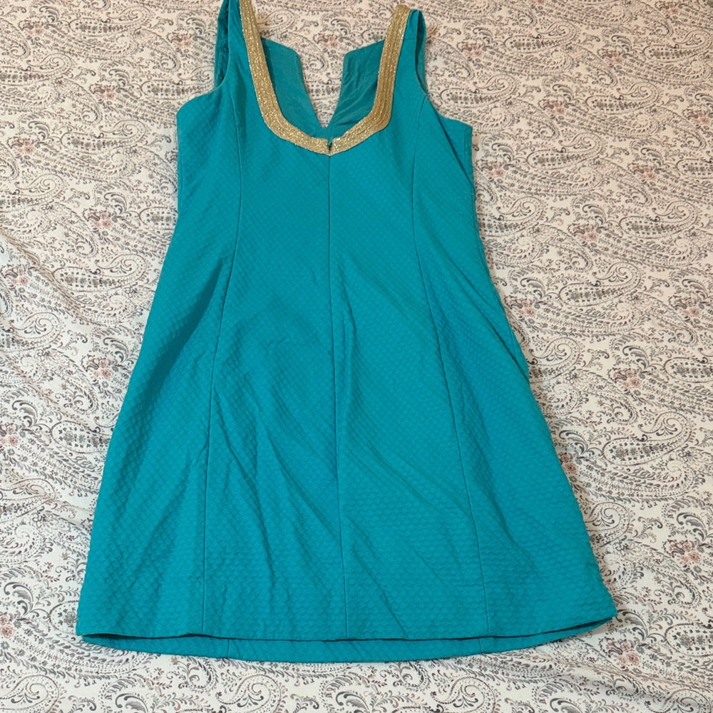 Lilly Pulitzer Teal Sleeveless Dress with Gold Trim - Picture 3 of 5